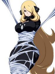 big_breasts black_bodysuit blonde blonde_female blonde_hair bodysuit bound bound_legs cynthia_(pokemon) femsub fully_clothed okra_sticky pokémon pokemon pokemon_champion web_bondage webbed white_background