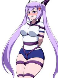 1girls arms_behind_back bdsm blue_buruma blush bondage bound breasts buruma cropped_legs gag gagged gym_uniform hair_ornament kamiya_agari large_breasts long_twintails looking_at_viewer okra_sticky purple_eyes purple_hair rope_bondage shakunetsu_no_takkyuu_musume shibari shibari_over_clothes short_sleeves simple_background solo thick_legs twintails very_long_hair white_background white_shirt