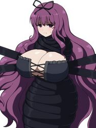 1girls bangs big_breasts black_bra black_ribbon bra breasts cleavage closed_mouth eyebrows_visible_through_hair frilled_bra frills fully_clothed hair_between_eyes hair_ribbon large_breasts looking_at_viewer murasaki_(senran_kagura) okra_sticky purple_eyes purple_hair rope_bondage sad senran_kagura simple_background solo sweatdrop tape_bondage tentacle tentacle_around_neck very_long_hair white_background