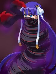 blue_eyes blue_hair covered_mouth fate/grand_order fate_(series) okra_sticky saint_martha simple_background tentacle tentacle_around_neck tentacle_bondage tentacle_coil