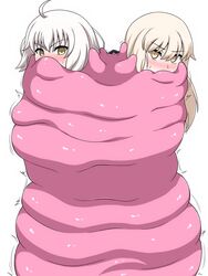 2girls blonde_hair bound_together covered_mouth female female_only gagged okra_sticky pink_slime slime slime_gag slime_vore vore white_hair