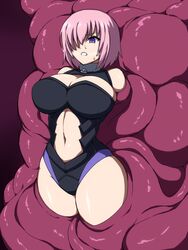 1girls bodysuit breasts breath cleavage clenched_teeth eyebrows_visible_through_hair fate/grand_order fate_(series) fully_clothed hair_over_one_eye large_breasts mash_kyrielight navel okra_sticky pink_hair purple_background purple_eyes restrained simple_background slime slime_monster stuck_in_wall sweat thighs