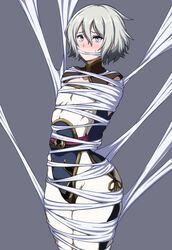 arms_behind_back bodysuit bondage bound bound_legs covered_mouth fate/grand_order fate_(series) gag gagged gao_changgong_(fate) helpless okra_sticky restrained solo tied_up web_bondage web_gag white_bodysuit white_hair