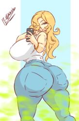 ass ass_focus big_ass bimbo blonde_hair bracelet fart fart_fetish jeans large_breasts pervdarkling_(artist) phone simple_background thick_thighs voluptuous white_shirt