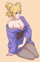 1female 1girls 1woman alternate_eye_color bangs big_breasts black_eyes blonde_hair blonde_hair_female boruto boruto:_naruto_next_generations breasts cleavage eyelashes female female_only fishnet_legwear fishnet_stockings fishnets indrockz indy_riquez kimono kneeling large_breasts lipstick looking_at_viewer makeup naruto naruto_(series) no_bra off_shoulder pink_lipstick purple_kimono quad_tails seducing seductive_look sitting smile sole_female solo temari tied_hair yellow_hair yellow_hair_female