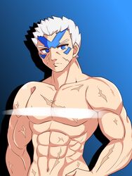 1boy abs bara battle_scars blue_eyes censored convenient_censoring cougar1404 dragon_marked_for_death forehead_tattoo inti_creates light_censor light_skin looking_at_viewer male_only muscular muscular_male nude scar short_hair tattoo warrior_(dmfd) white_hair