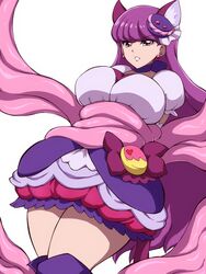 1girls big_breasts bondage bound breasts cat_ears clothing cropped_legs cure_macaron dress earrings kirakira_precure_a_la_mode kotozume_yukari large_breasts long_hair macaron_hair_ornament magical_girl okra_sticky pink_slime pretty_cure puffy_short_sleeves puffy_sleeves purple_dress purple_eyes purple_footwear purple_hair restrained short_dress simple_background slime slime_bondage slime_monster thighhigh_boots very_long_hair white_background