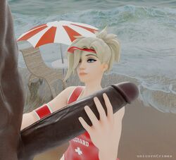 1boy 1girls 3d big_penis blonde_hair dark-skinned_male dark_skin female holding_penis interracial male mercy overwatch unicorncrimes