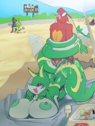 1boy 1girls anthro anthro_on_anthro anthro_penetrated anthro_penetrating anthro_penetrating_anthro ass beach big_breasts big_butt blaziken breasts butt_grab chelle_(echodot) darkrai duo_focus female female_penetrated female_pokemon flygon garchomp group hand_on_butt hi_res humanoid legendary_pokémon male male/female male_blaziken male_penetrating male_penetrating_female male_pokemon male_pokemon/female_pokemon nintendo nipples nude open_mouth penetration pokemon pokemon_(species) public rezflux seaside serperior sex straight video_games