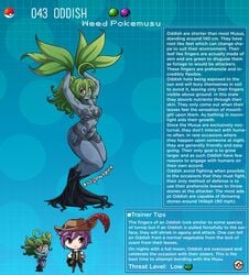 1boy 1girls ahoge blue_body creature_index english_text female flora_fauna green_hair highres humanized kinkymation leaf long_hair nintendo oddish page_43 page_number plant_girl pokémon_(species) pokedex pokemon pokemon-girl_encyclopedia pokemorph pokemusu ponytail profile red_eyes roots text