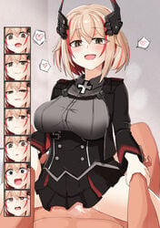 1boy 1girls :d ahe_gao akaoni_(zumt3548/akakiryu2m) azur_lane black_corset black_jacket black_skirt blonde_hair blush breasts brown_eyes clothed_sex commentary_request cowgirl_position cross cum cum_in_pussy expressions female femdom hair_ornament heart heart-shaped_pupils highres iron_blood_(azur_lane) jacket large_breasts light-skinned_female light-skinned_male light_skin male male_pov multicolored_hair open_mouth overflow pov pov_crotch red_eyes roon_(azur_lane) sex short_hair skirt smile solo_focus spoken_heart straddling streaked_hair symbol-shaped_pupils wrist_grab