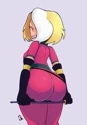 1girls ass blonde_hair breasts captain_planet_and_the_planeteers cartoon_network doctor_blight elbow_gloves fat_ass female female_only gloves hair_over_one_eye huge_ass jumpsuit looking_back ok_k.o.!_let's_be_heroes sideboob smile solo solo_female white_highlights