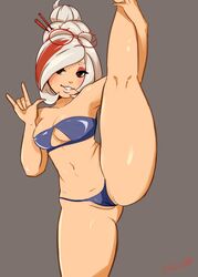 1girls age_of_calamity bikini cleavage cleavage_cutout glasses glasses_on_head grey_background hair_bun hair_stick hi_res hyrule_warriors:_age_of_calamity leg_lift leg_up looking_at_viewer navel nintendo pandaischub partially_visible_vulva pinup purah purah_(age_of_calamity) red_eyes simple_background smile solo solo_focus splits the_legend_of_zelda two-tone_hair v vertical_splits wedgie