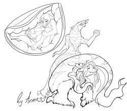 animal_genitalia anthro armess ass bodily_fluids canid canine duo felid female fox fur genital_fluids genitals hair hybrid lion male mammal monochrome nude open_mouth pantherine pussy pussy_juice sergal sergal_taur simple_background size_difference sketch smile straight taur tongue tongue_out unbirthing vaginal_penetration vore white_background zero_(kokkinos)