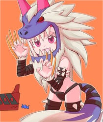 1girls atruum baitousagi blush claws costume dragon dragon_marked_for_death fake_tail halloween halloween_costume inti_creates looking_at_viewer petite pink_eyes small_breasts smile spikes thighhighs topless werewolf white_hair witch_(dmfd) wolf wolf_ears wolf_tail