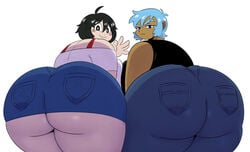 2girls annoyed_expression ass ass_focus bbw big_ass big_butt black_hair black_pupils black_shirt blue_hair blush dark-skinned_female dark_blue_eyes exposed_ass fat_ass flying_fox_(sssonic2) huge_ass large_ass looking_at_viewer milf miniskirt mother sideboob sleeveless_shirt slightly_chubby sssonic2 thick_ass thick_thighs thighs tight_jeans tight_pants vanguard_(sssonic2) waving_at_viewer waving_hand white_shirt