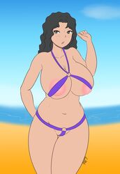 beach big_areola big_ass big_breasts bikini black_hair bocas_top breasts emiliana_lucchini female full_body green_eyes large_breasts navel nipples simple_background solo standing strike_witches swimsuit urielmatt world_witches_series