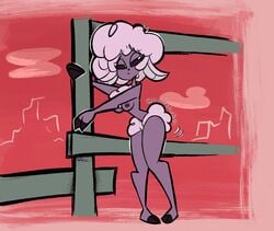 1girls ass_freckles demon_girl female fence freckles hazbin_hotel hooved_fingers partially_clothed purple_skin sheep sheep_demon_(hazbin_hotel) sheep_ears straight_hair tagme vivienne_medrano wayward_martian white_hair wool