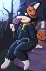 anthro atlus domestic_cat felid feline felis food forest fruit full_moon halloween halloween_costume hi_res holidays jack-o'-lantern male male_only mammal mazilion megami_tensei megami_tensei_persona moon morgana_(persona) persona persona_5 plant pumpkin solo tongue tongue_out tree video_games