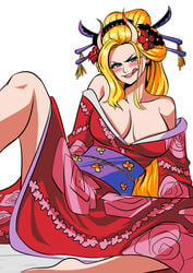 1girls black_maria blonde_hair blue_eyes blush breasts cleavage female female_only geisha giantess japanese_clothes kimono large_breasts legs_apart licking_lips long_hair nihongami one_piece shoulders smile smirk solo spread_legs tinafate1 tongue_out