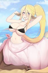 animal_ears animal_tail arm_up armpits beach beach_towel big_breasts bikini blonde_hair blue_eyes centaur centauress centorea_shianus equid_taur female horse_girl lewdishsnail monster_girl monster_musume_no_iru_nichijou pinup pointy_ears ponytail solo solo_female taur