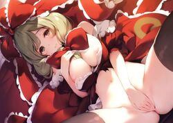 areolae bangs bed_sheet black_legwear bottomless bow breasts brown_eyes closed_mouth covering covering_crotch dress eyebrows_visible_through_hair eyelashes female frilled_ribbon frills from_above front_ponytail groin hair_between_eyes hair_ribbon hairbow hand_on_own_chest kagiyama_hina ke-ta large_breasts long_hair looking_at_viewer lying navel nipple_slip nipples no_panties on_back on_bed puffy_nipples puffy_short_sleeves puffy_sleeves sidelocks skindentation solo spread_legs stomach thighhighs torn_clothes torn_dress touhou