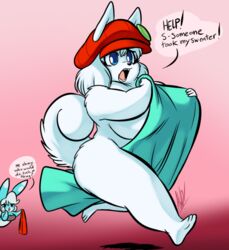 andrew_dickman anthro awd big_breasts blue_eyes blue_fur bunny canine dialogue duo female fluffy_tail furry hat large_breasts nude pixels_bunni rabbit red_hat red_sweater running sweater sweaterpuppy white_fur white_hair worried