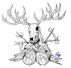 antlers areolae bone cd_projekt_red cloth cum cum_on_breasts hands_on_breasts hood large_breasts leshen line_art monochrome monster_girl nipples skull smile sorje spirit the_witcher_(series) the_witcher_3:_wild_hunt wood