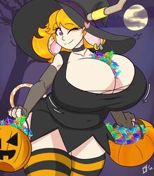 big_breasts black_bra black_dress breasts candy clouds female female_only female_solo halloween halloween_costume huge_breasts juice_inyoureye(artist) moon motion_lines only_female orange_hair pale_skin pumpkin purple_eyes solo tangerine_(juice_inyoureye) thick_thighs thighhighs wink witch_hat