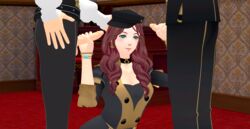 1girls 2boys 3d blush brown_hair cleavage dorothea_arnault double_handjob female fire_emblem fire_emblem:_three_houses garreg_mach_monastery_uniform green_eyes handjob hat large_breasts long_hair mikey_obscurest nintendo smile