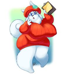 2018 andrew_dickman anthro awd big_breasts blue_eyes breasts canine clipboard dog female female_only fluffy furry large_breasts looking_at_viewer nervous nipples_visible_through_clothing pantless red_hat red_sweater solo solo_female standing sweater sweaterpuppy white_fur