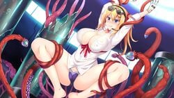 arm_grab cameltoe erect_nipples female girls'_frontline kalina_(girls'_frontline) laboratory large_breasts leg_grab purple_panties restrained ribbon spread_legs sunglasses_on_head tentacle the-sinner white_shirt