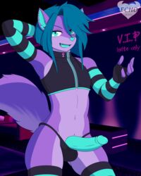 anthro black_panties bulge club femboy feminine_male furry furry_only gay green_hair hair_over_one_eye hand_behind_head looking_at_viewer male male_only neon original_character penis penis_out ponyecho pov purple_fur roxi_rails smiling solo stockings striped striped_legwear trap turquoise_eyes turquoise_penis wolf