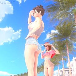 1:1 2girls 3d 3d_(artwork) ass ass_focus beach big_ass blender blizzard_entertainment british brown_hair butt canon_couple clothed daisy_dukes dat_ass emily_(overwatch) european female female_only guiltyk hat highres hotpants lena_oxton lesbian minishorts oral oral_insinuation overwatch overwatch_2 petite pinup popsicle pose posing red_hair short_hair sideboob tracer underboob viewed_from_below yellow_eyes yuri