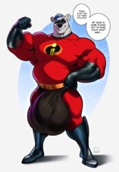 anthro big_bulge boosterpang bulge cosplay disney english_text hi_res huge_bulge male male_only mammal mr._incredible_(cosplay) muscular muscular_anthro muscular_male nanuk pixar polar_bear smooth_skin solo solo_male superhero_costume text the_incredibles ursid ursine