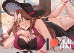 1girls alternate_costume alternate_version_available ass bare_legs big_ass black_bikini black_swimsuit blush brown_hair cleavage dorothea_arnault dorothea_arnault_(summer) female female_only fire_emblem fire_emblem:_three_houses fire_emblem_heroes green_eyes hat large_breasts long_hair looking_at_viewer lying lying_on_stomach muunai nintendo official_alternate_costume solo sun_hat veil