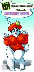 andrew_dickman anthro awd big_breasts blue_eyes breasts canine female fluffy_tail furry large_breasts looking_at_viewer nipples_visible_through_clothing pantless red_hat red_sweater smiling solo solo_female standing sweater sweaterpuppy white_fur white_hat white_tail