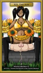 1boy 1girls black_hair cheerleader cum dark-skinned_female dark_skin female female_domination female_focus femdom interracial light-skinned_male malesub neocorona reverse_amazon_position sex tagme tarot tarot_card tarot_deck the_sun_(tarot) twintails vaginal_penetration