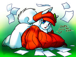 andrew_dickman anthro awd big_breasts blue_eyes breasts dialogue female fluffy_tail furry large_breasts laying_down nipples_visible_through_clothing pantless red_hat red_sweater solo solo_female sweater sweaterpuppy white_fur