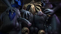 2020 3d abs alien anthro anus armor balls bottomless clothed clothing gay genitals grey_body grey_scales group half-erect halo_(series) hand_on_butt headgear helmet imminent_anal imminent_rape looking_back male male/male microsoft nipples penis rape rayhuma sangheili scales standing video_games watermark xbox_game_studios