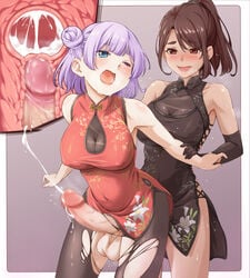 2futas balls blue_eyes blush breasts brown_eyes brown_hair censored chinese_clothes clothed clothing cross_section cum cum_in_pussy cum_inside duo erect_nipples_under_clothes from_behind full-package_futanari futa_on_futa futa_only futanari gloves hands-free human kuja_2132 kujya long_gloves mosaic_censoring mostly_clothed one_eye_closed open_mouth pale_skin purple_hair tears x-ray