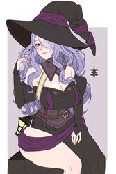 1girls alternate_costume bare_legs bare_thighs big_breasts camilla_(fire_emblem) cleavage cryptid_crab elbow_gloves fingerless_gloves fire_emblem fire_emblem_fates gloves halloween halloween_costume huge_breasts lamp large_breasts lips long_hair looking_at_viewer milf nintendo one_eye_covered playing_with_hair purple_eyes purple_hair smile solo solo_female thighs witch witch_hat