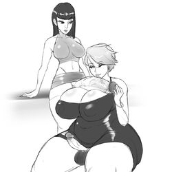 2futas big_breasts big_penis breasts cleavage dickgirl futa_only futanari huge_cock large_breasts monochrome nightpickle penis penis_size_difference