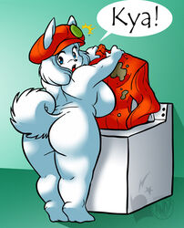 1girls andrew_dickman anthro appliance ass awd big_breasts big_butt blue_eyes canine female female_only fluffy_tail furry large_breasts looking_at_viewer nervous nude red_hat red_sweater solo solo_female standing surprised surprised_expression sweaterpuppy washing_machine white_fur white_hat