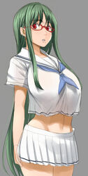 1girls beauty_mark breasts clothed clothed_female eyebrows_visible_through_hair eyewear female female_only glasses green_hair kloah large_breasts long_hair mole open_mouth original original_character otsuka_ren red_eyes sailor_uniform skirt solo solo_female standing very_long_hair