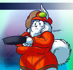 andrew_dickman anthro awd big_breasts blue_eyes canine digital female female_only fluffy_tail frying_pan furry large_breasts pancake pantless red_hat red_sweater solo solo_female standing sweater sweaterpuppy tears whimper white_fur white_hair