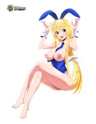 1girls airando alice_schuberg bare_legs barefoot big_breasts blonde_hair blue_eyes breasts breasts_out breasts_out_of_clothes bunny_ears bunny_suit bunnysuit feet headband long_hair simple_background smile sword_art_online thighs