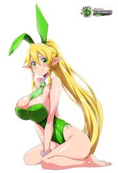 airando bare_legs barefoot big_breasts blonde_hair bunny_ears bunnysuit huge_breasts large_breasts leafa legs long_hair pointy_ears simple_background sitting smile sword_art_online