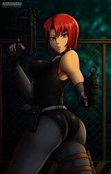 1girls ass bare_shoulders big_breasts bob_cut breasts bubble_butt capcom dino_crisis dumptruck_ass exposed_shoulders female female_only kushishekku large_breasts light_skin looking_at_viewer looking_back night red_eyes red_hair regina_(dino_crisis) short_hair slim solo solo_female tomboy