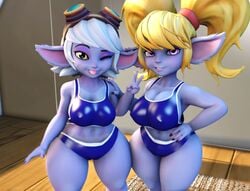 2girls 3d female female_only large_breasts league_of_legends looking_at_viewer poppy riot_games shortstack sports_bra thick_thighs thordersfm tristana twintails wide_hips yordle